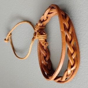 Fashion Jewelry Braided Leather Wristband - Tan